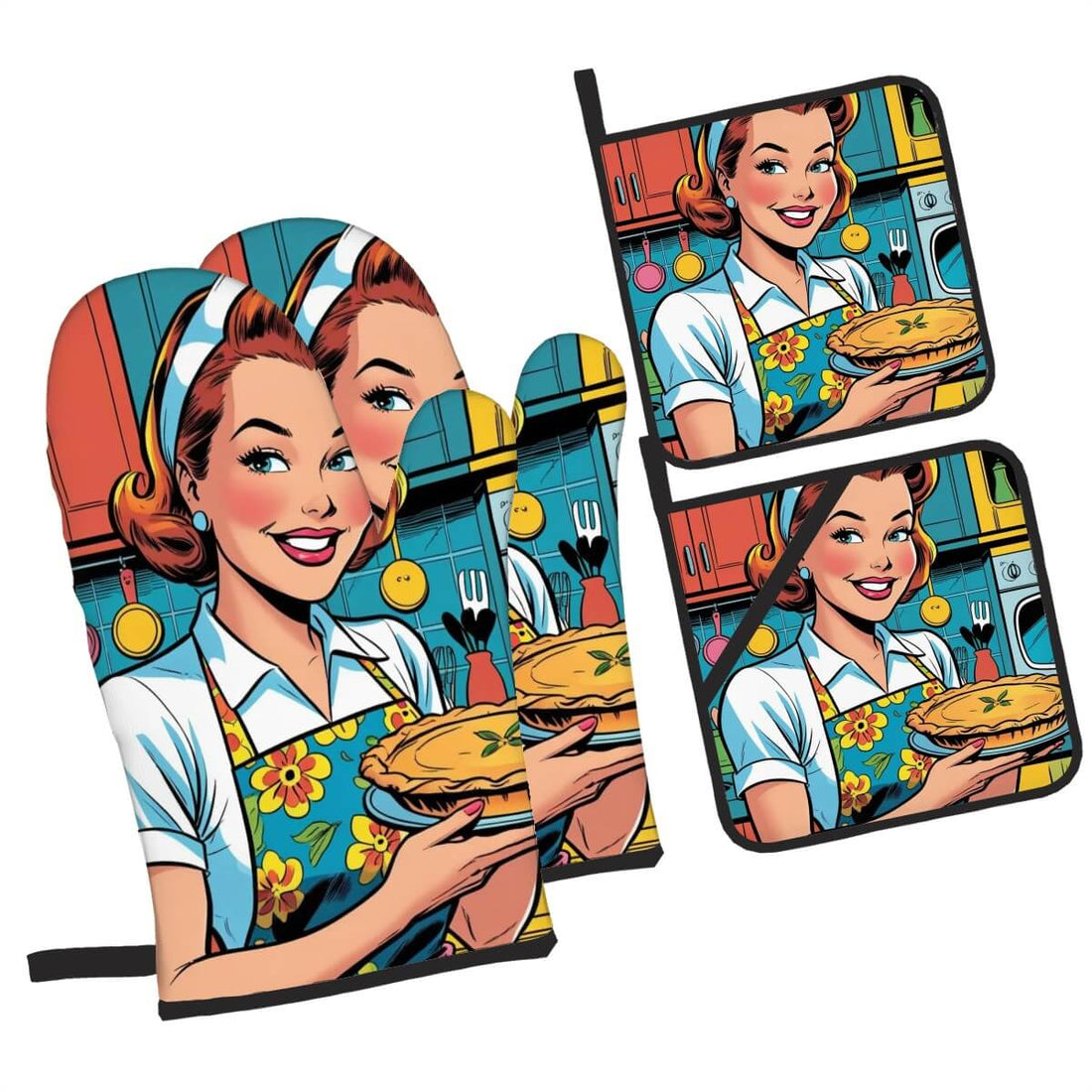 4er-Set Topflappen und Ofenhandschuhe mit Retro-Motiv einer lächelnden Köchin, die einen Kuchen hält.
