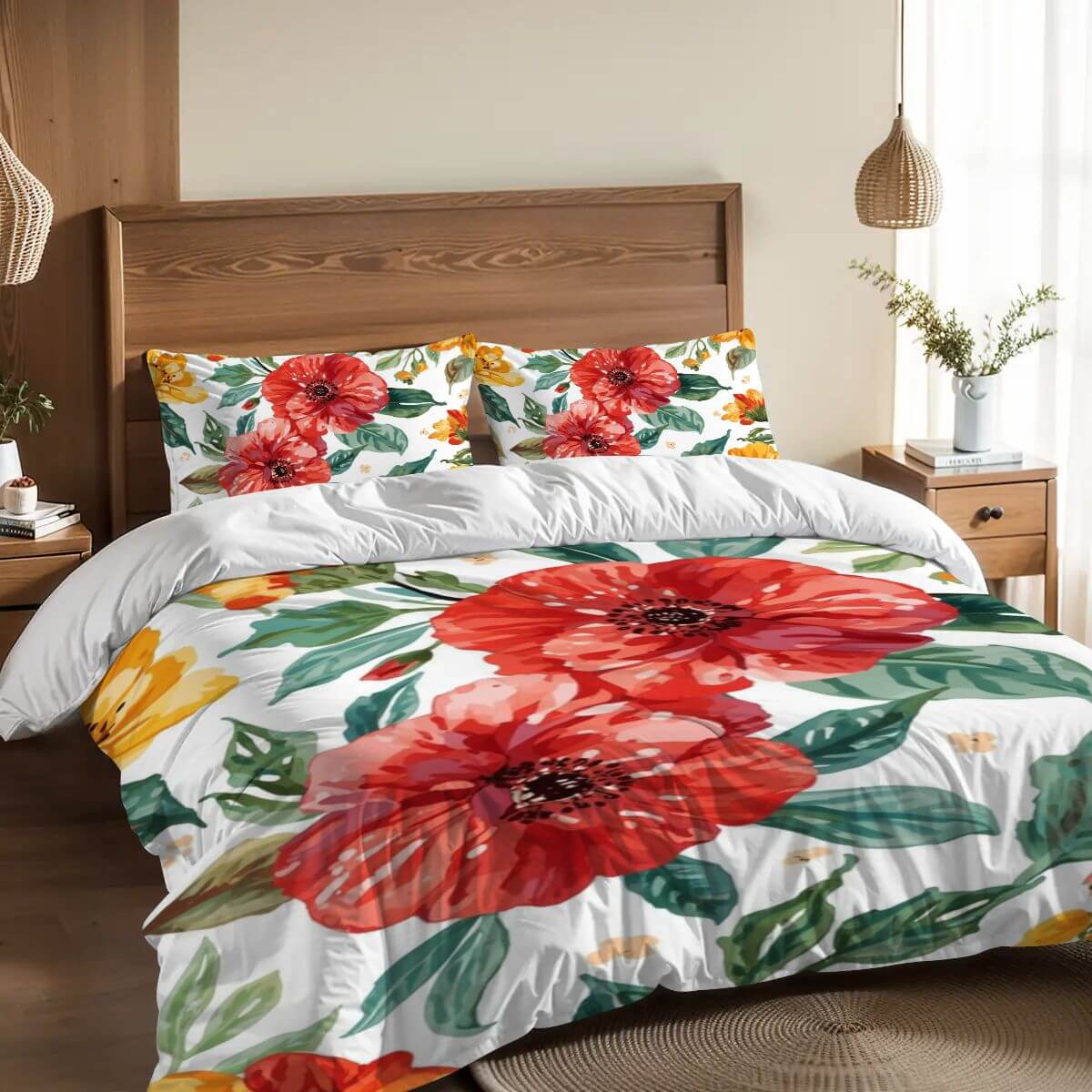 Komplettes Bettwäscheset mit Blumendesign, 90GSM Polyester, Bettbezug 80x90 Zoll, atmungsaktives und weiches Material.