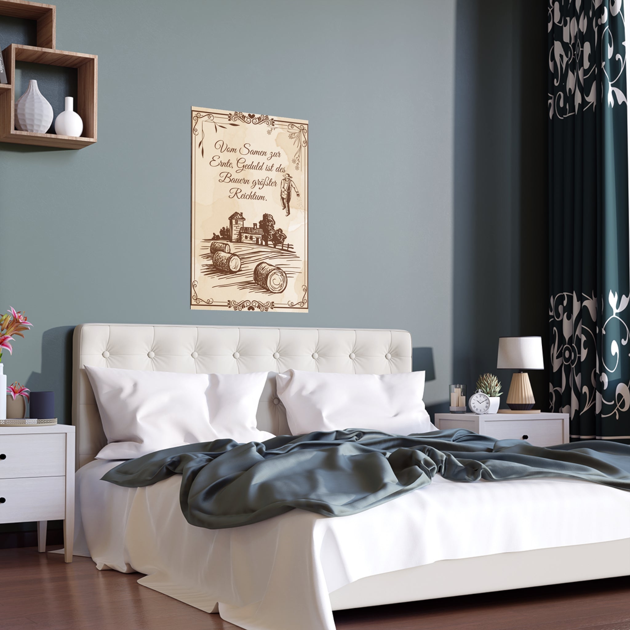 Rustikaler Posterdruck auf Seide, Wandkunst im Vintage-Stil im Landhausstil Bauernspruch über das Bett