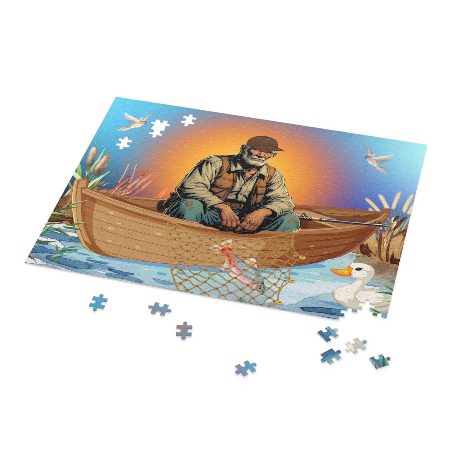 Fischerpuzzle am See und Ente bei Sonnenaufgang