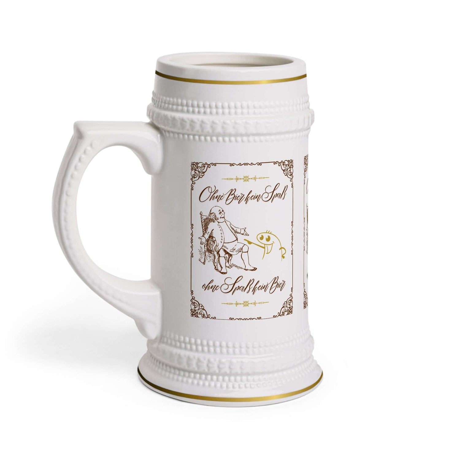 Bierkrug – Vintage mit coolem Spruch Ein Bierkrug ist nicht nur ein Gefäß, sondern ein Statement. Unser Vintage-Design bringt den Charme vergangener Zeiten zurück – kombiniert mit einem Spruch, der für Gesprächsstoff sorgt:  „Hopfen, Malz &amp; gute Laune!“  