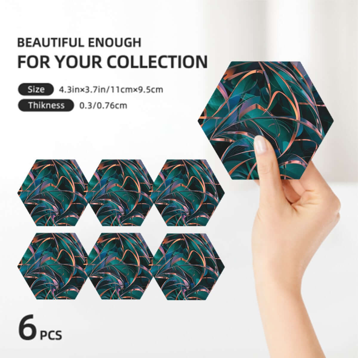 Sechseckige Keramikuntersetzer, 6er-Set mit modernem Design, UV-Drucktechnik, umweltfreundlich und wasserabsorbierend