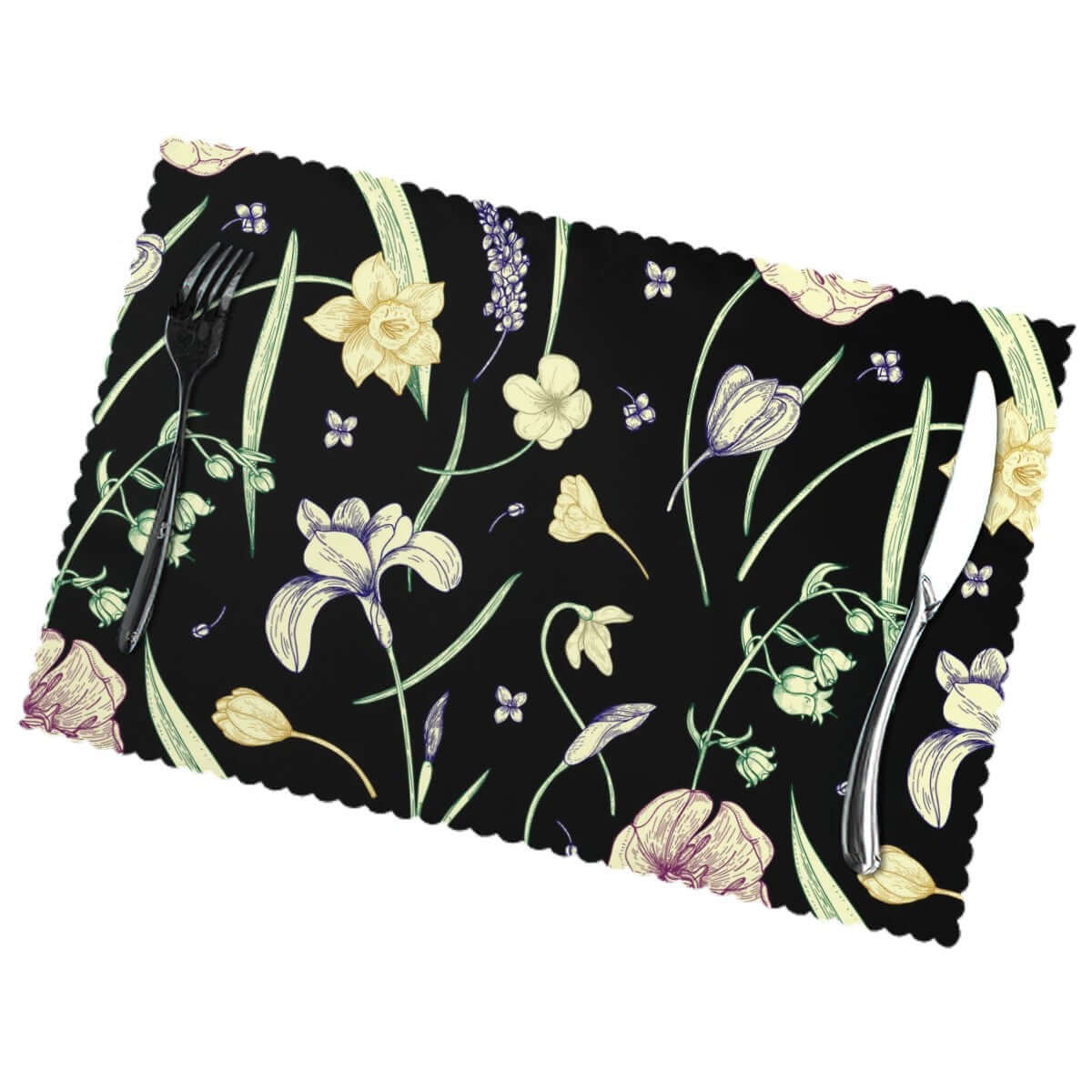 Hitzebeständige Tischsets, 6 Stück, Detailansicht, florales Design auf schwarzem Hintergrund, Polyester, hitze- und verschleißfest.