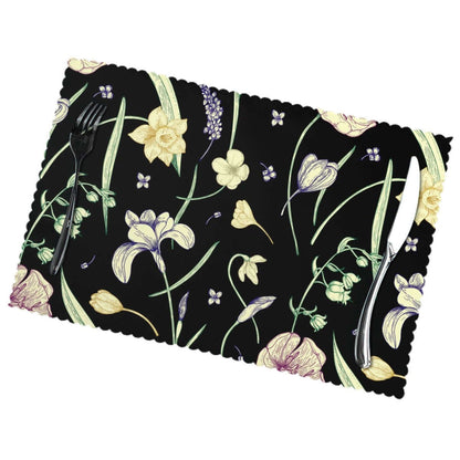 Hitzebeständige Tischsets, 6 Stück, Detailansicht, florales Design auf schwarzem Hintergrund, Polyester, hitze- und verschleißfest.