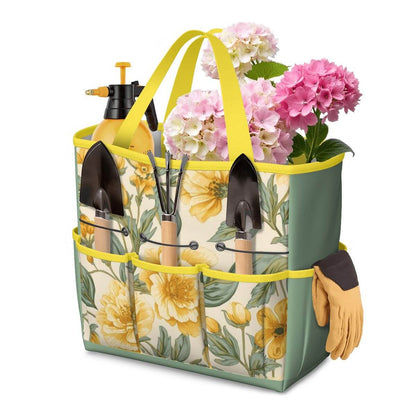 Gartengerätetasche aus Oxford-Stoff mit floralem Design, ausgestattet mit mehreren Taschen für Werkzeuge und Blumen, ideal für Outdoor-Gärtner.