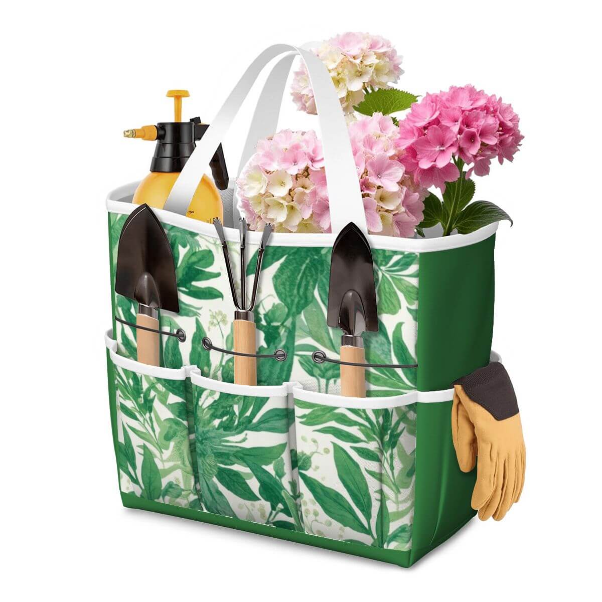 Gartengerätetasche aus Oxford-Stoff, grün mit Blumenmuster, gefüllt mit Gartengeräten und Blumen, ideal für Gartenarbeit.