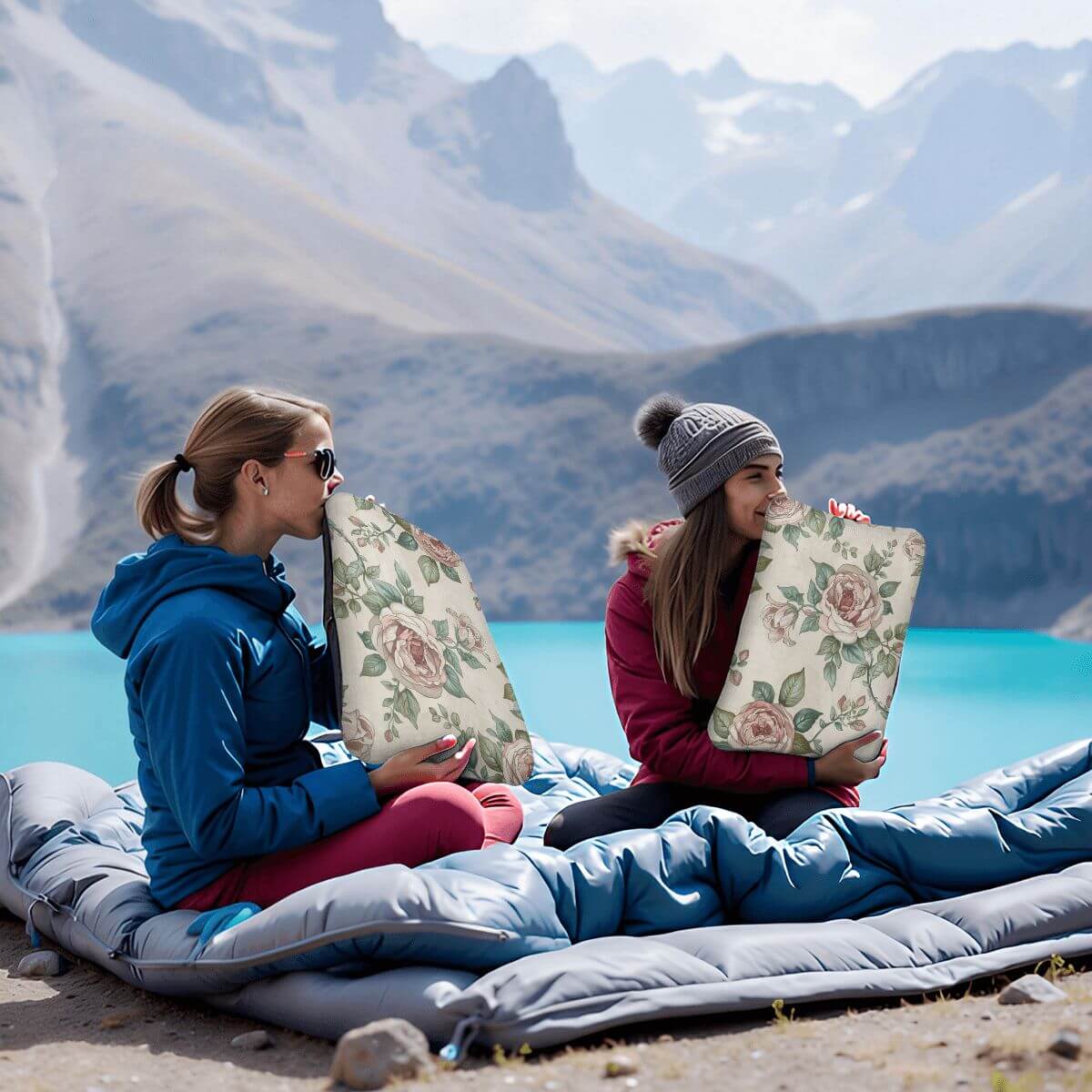 Zwei Personen genießen ein Aufblasbares Campingkissen mit floralem Design vor malerischer Bergkulisse am See.