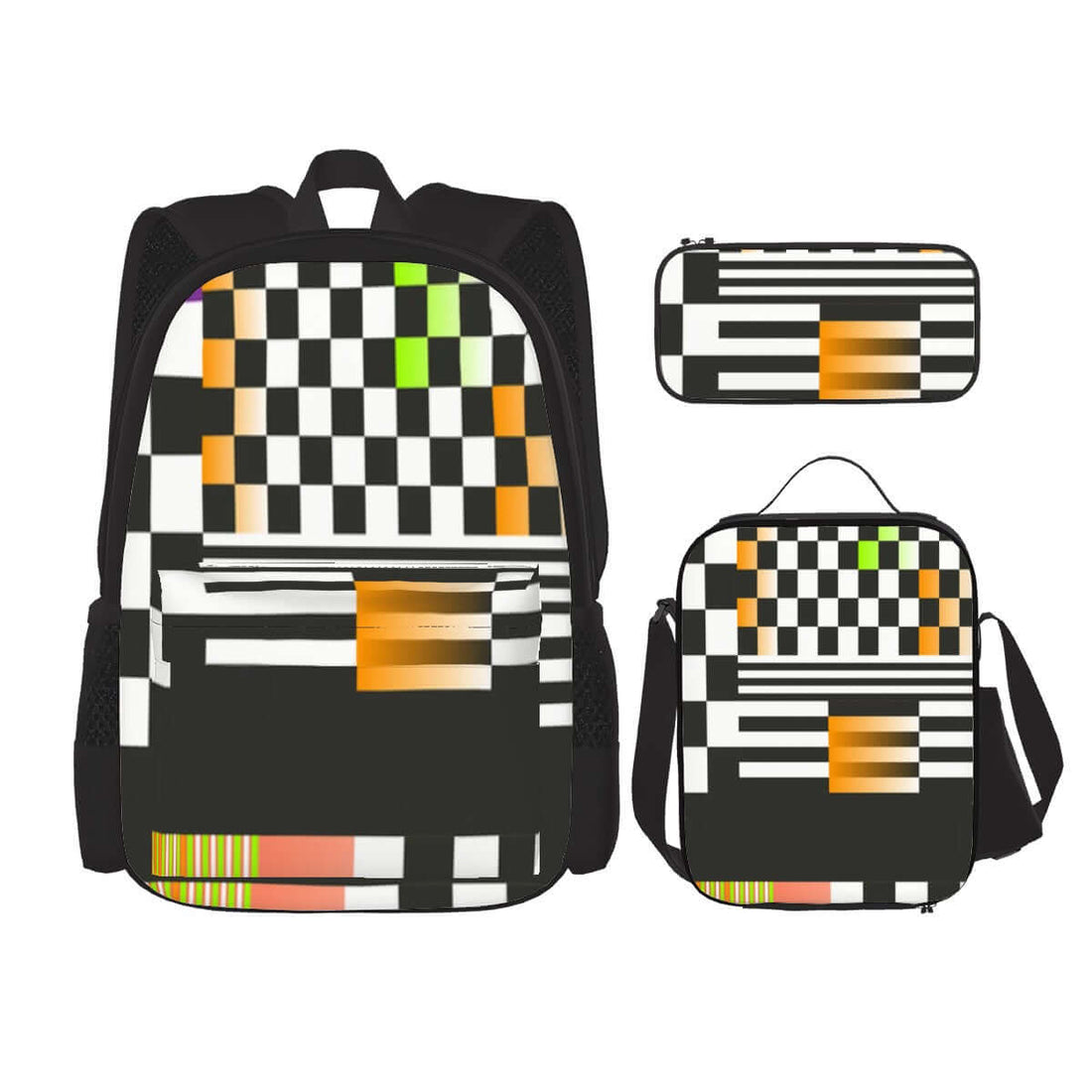 3er-Set Taschen (Oxford-Rucksack, Lunchtasche &amp; Federmäppchen) aus Oxford-Stoff mit stilvollem Design, schachbrettartiges Muster