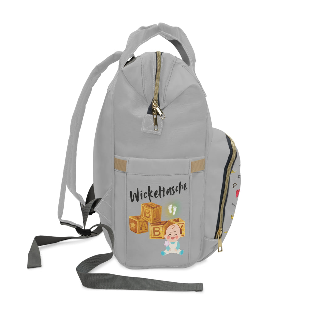 Stylischer multifunktionaler Wickelrucksack  mit ein Baby Design  mit ein Baby Design Herzen und Kronen in Grau Seite