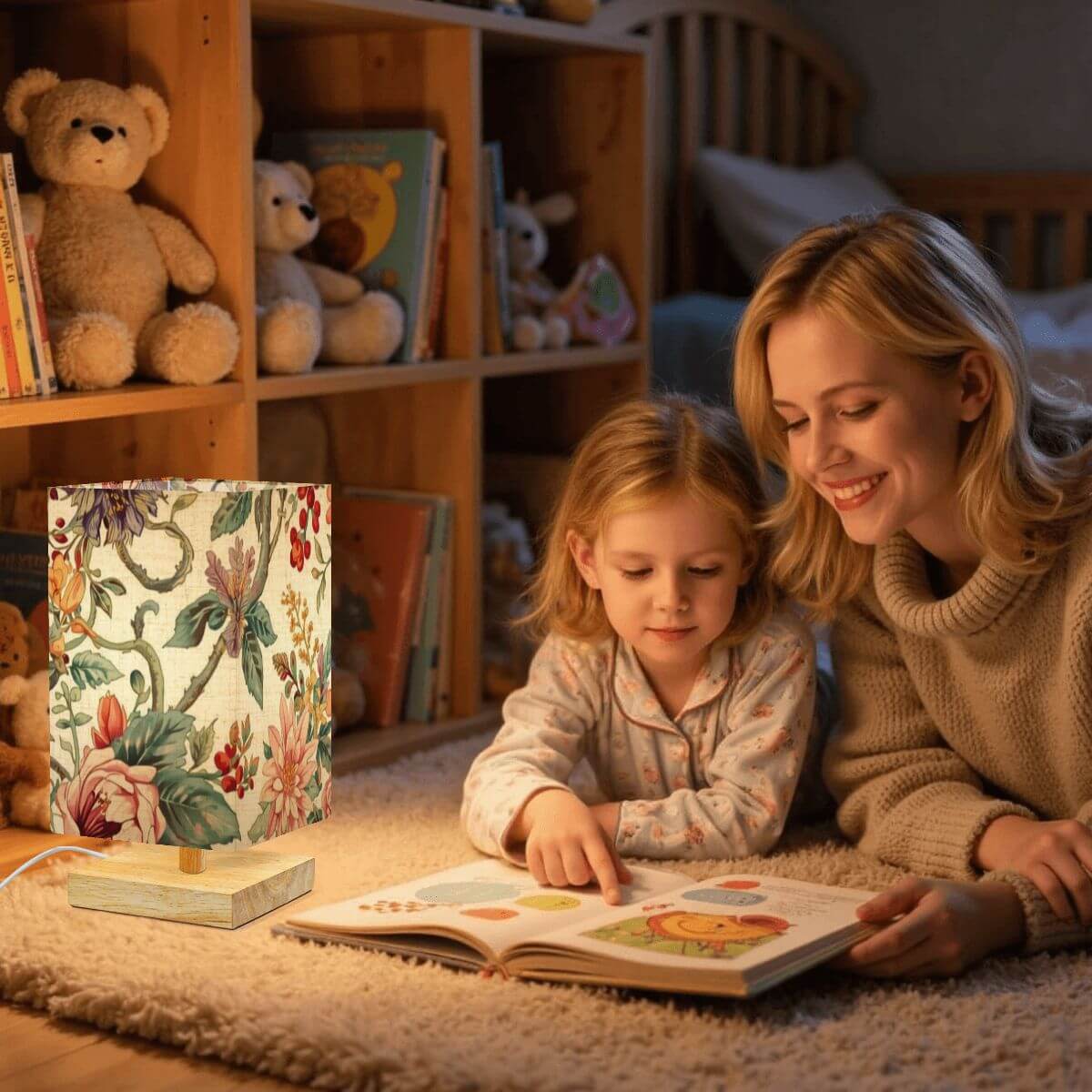 Frau und Kind lesen bei sanftem Licht der Quadratische Tischlampe im Kinderzimmer, Leinen-Lampenschirm erzeugt gemütliche Atmosphäre.