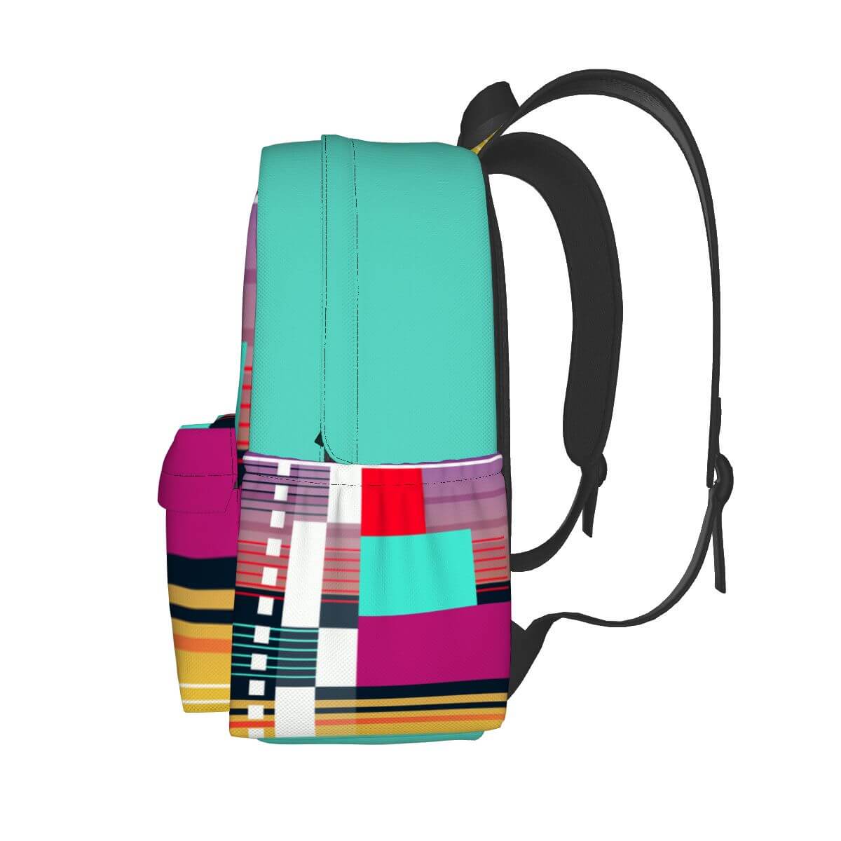 Geräumiger Oxford-Rucksack mit Seitentaschen, farbenfroher Druck, Polyester-Material, seitlicher Blick auf das Design