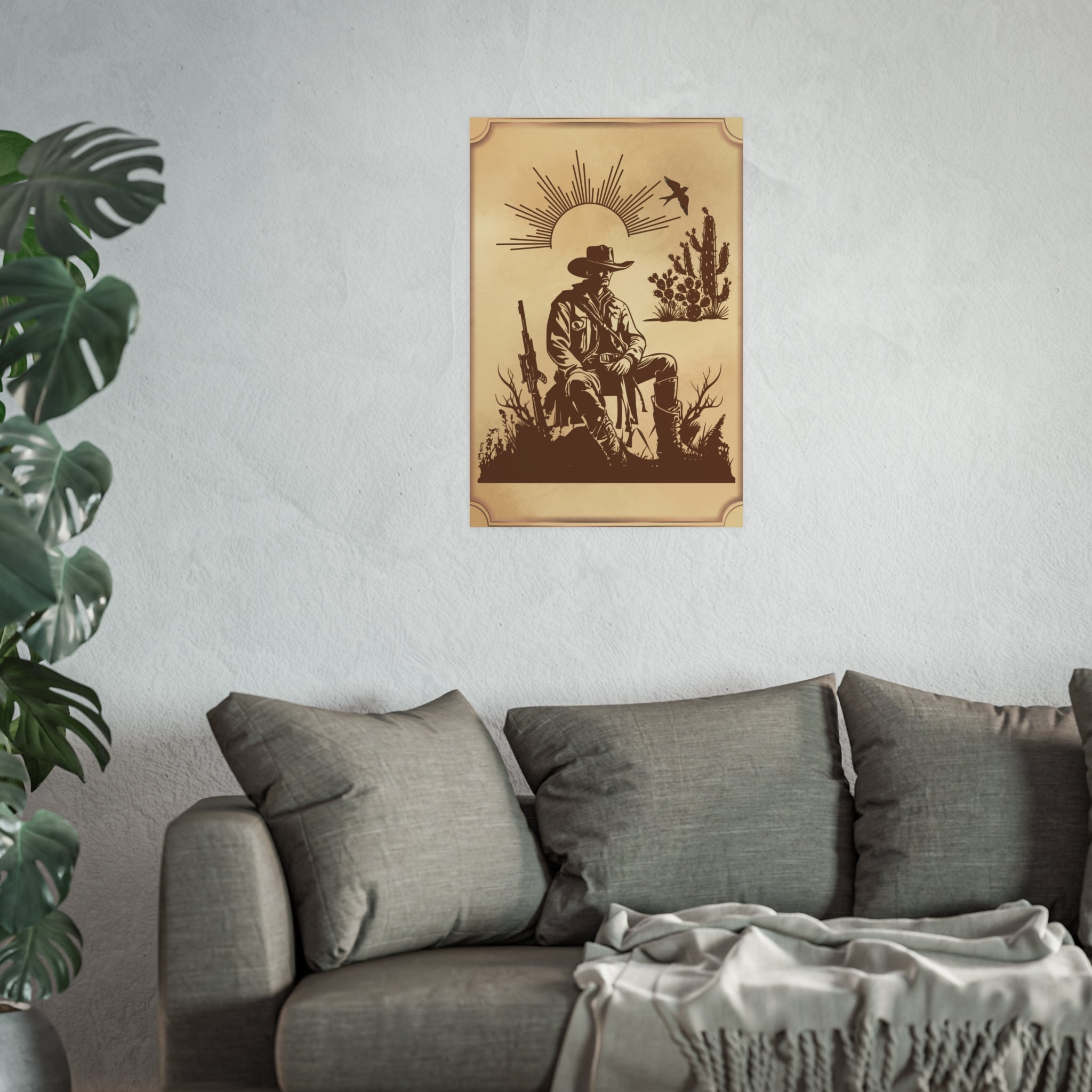 Poster Cowboy sitzt auf einem Stein in der Prärie und ruht sich aus über das Sofa