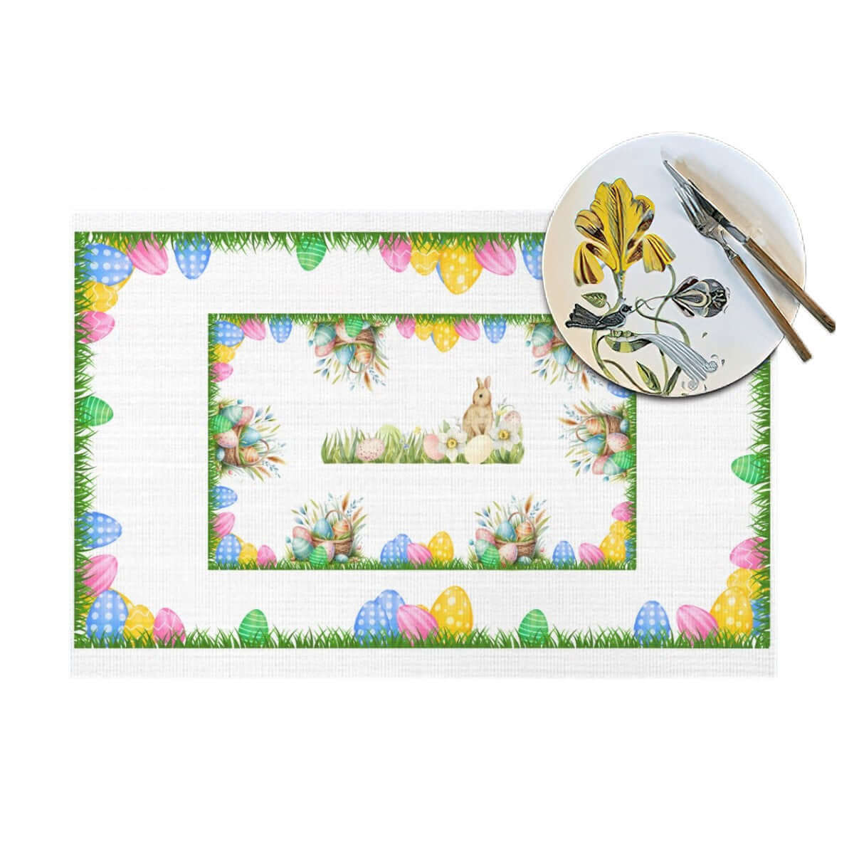 Tischset aus gewebtem PVC mit Osterdesign, verziert mit bunten Eiern und Hasen, passend für Ostertischdekoration. Details für Tischset aus gewebtem PVC ansehen.