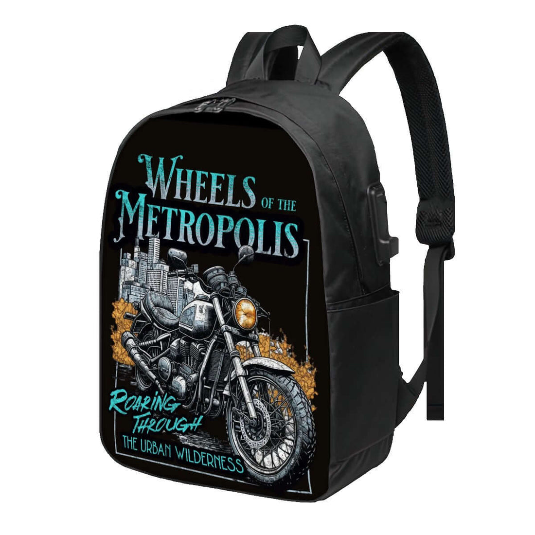 Stylish backpack featuring motorcycle and cityscape design with &