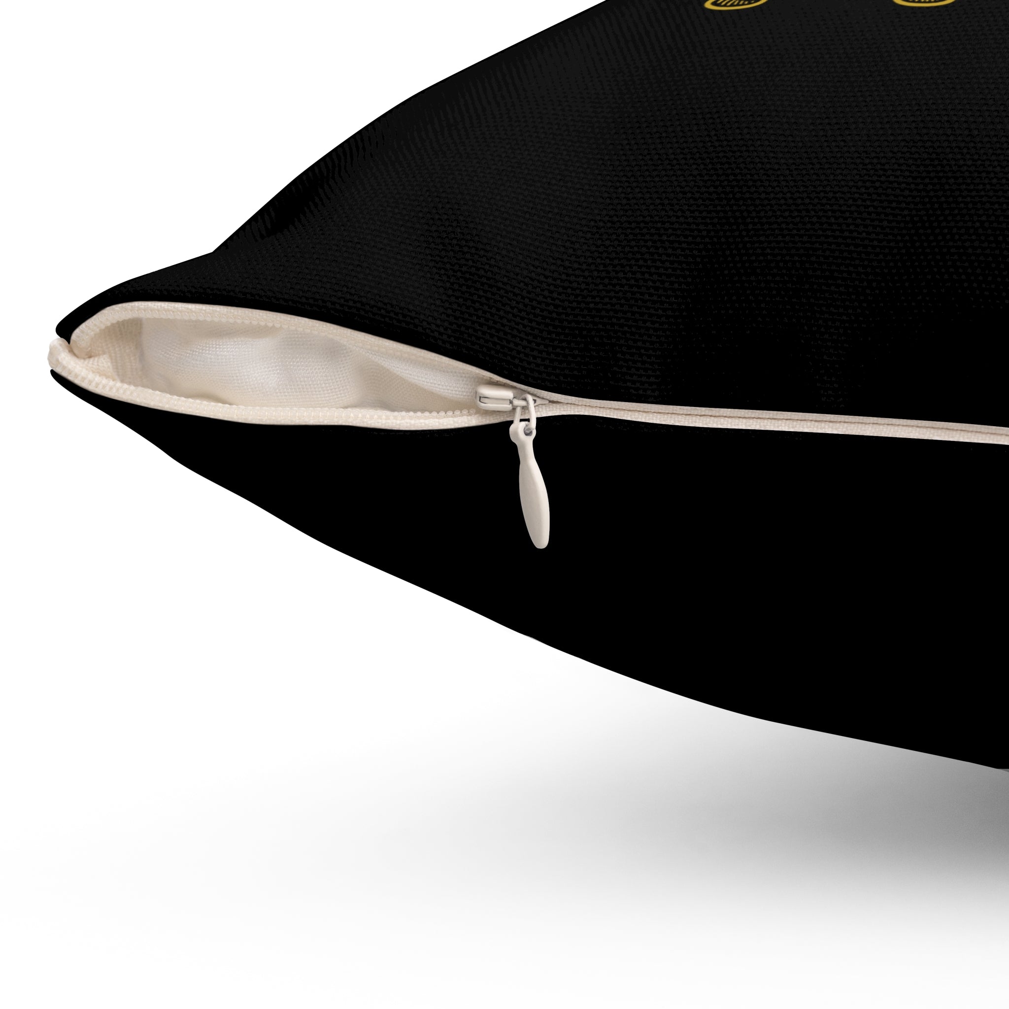 Quadratisches Kissen aus gesponnenem Polyester Motiv Nähen Schwarz mit Goldschrift mit Reißverschluss