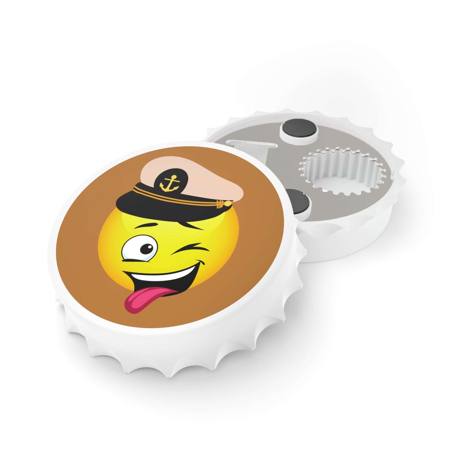 Lustiger Flaschenöffner mit Kapitän-Emoji Ein Flaschenöffner, der nicht nur praktisch ist, sondern auch für gute Laune sorgt. Mit dem Kapitän-Emoji-Design wird er zum originellen Begleiter für gesellige Abende.  Design: Kapitän-Emoji mit maritimem Flair –