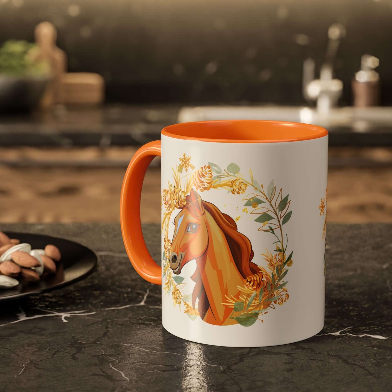 Kaffeetasse mit Pferdemotiv und Blumenmuster