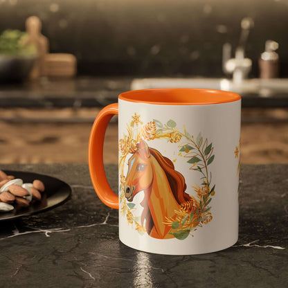 Kaffeetasse mit Pferdemotiv und Blumenmuster