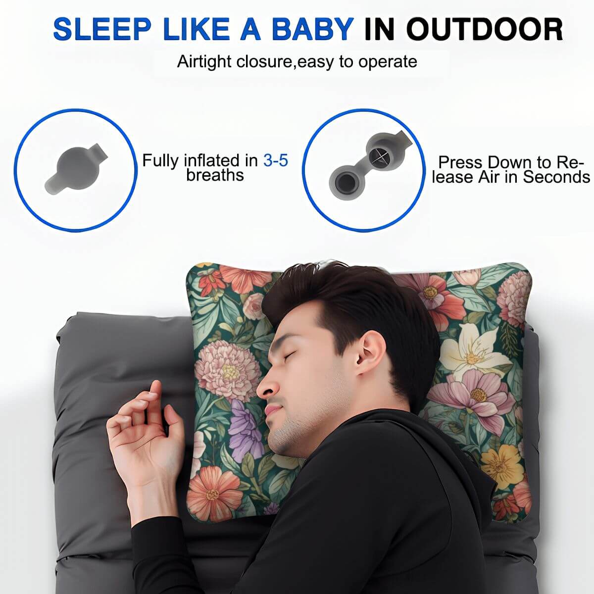 Aufblasbares Campingkissen für komfortables Schlafen im Freien, hautfreundliches Material mit einfacher Aufblas- und Entlüftungstechnologie.