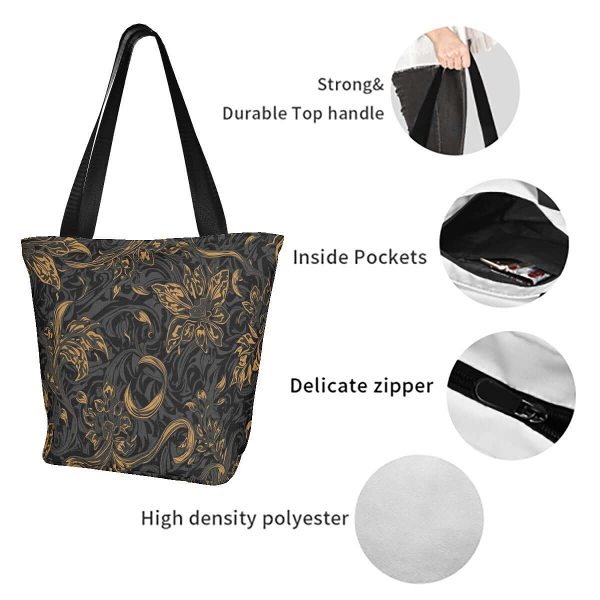 Schultertasche zum Einkaufen für Damen aus Polyester mit Innentaschen und Reißverschluss, Design mit schwarzem und goldenem Muster.