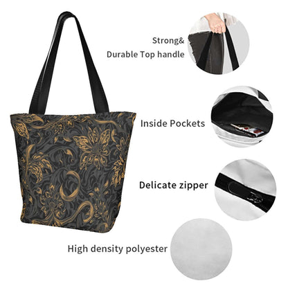 Schultertasche zum Einkaufen für Damen aus Polyester mit Innentaschen und Reißverschluss, Design mit schwarzem und goldenem Muster.