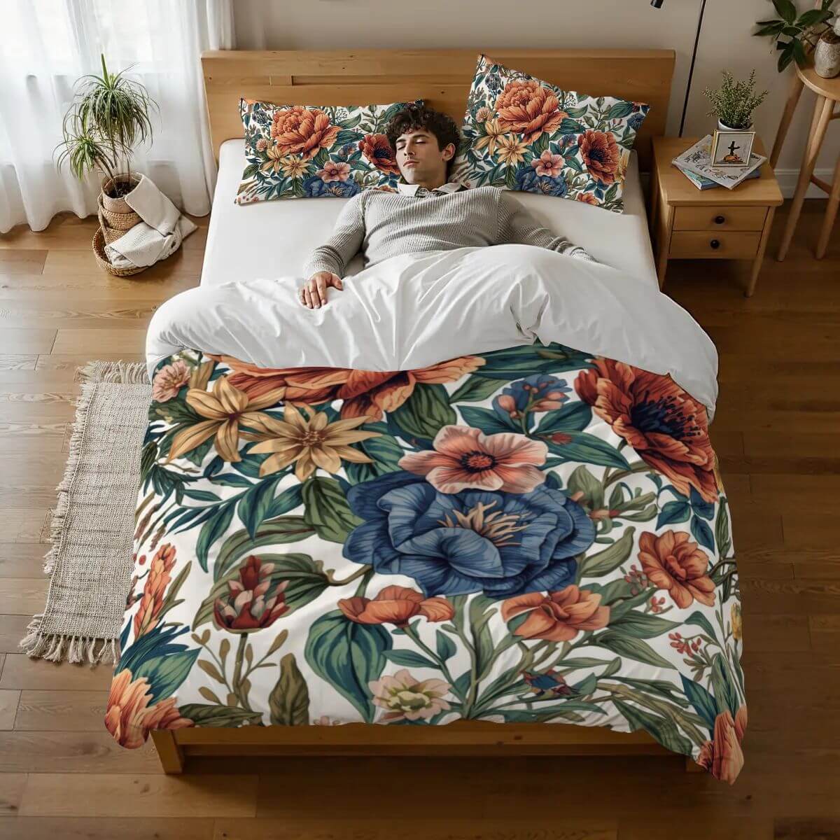 Komplettes Bettwäscheset aus 90GSM Polyester mit floralem Design, Bettbezug 80x90 Zoll, Kissenbezüge 30x20x20 Zoll