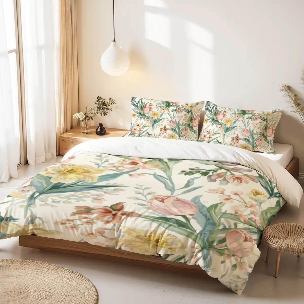 Floral Queen-Bettwäsche-Set aus Polyester, 90GSM Material, Blumenmuster auf Bettdecke und Kissen, perfekt für stilvolles Schlafzimmerdekor.