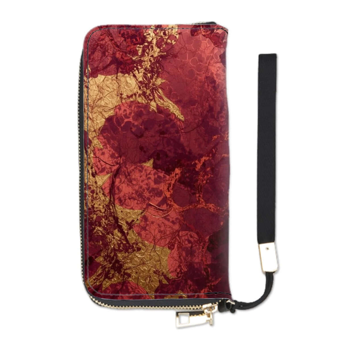 Clutch-Geldbörse für Damen aus PU mit doppelseitigem UV-Druck in roten und goldenen Tönen, 4,1"x7,9" mit Kartenfächern und Kapazität.