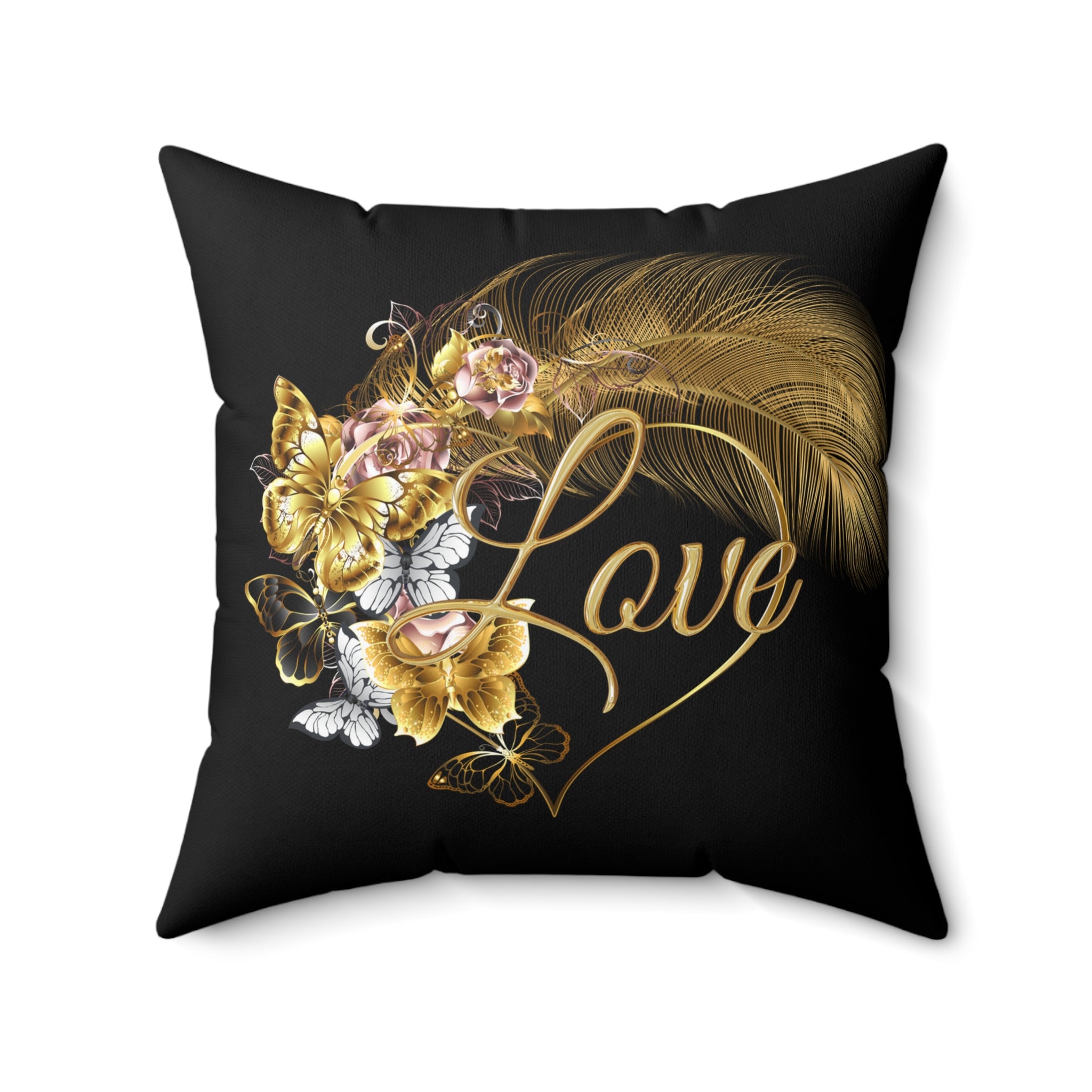 Romantisches Blumenkissen, Dekokissen, Wohndekor in Schwarz mit goldene Schmetterlinge