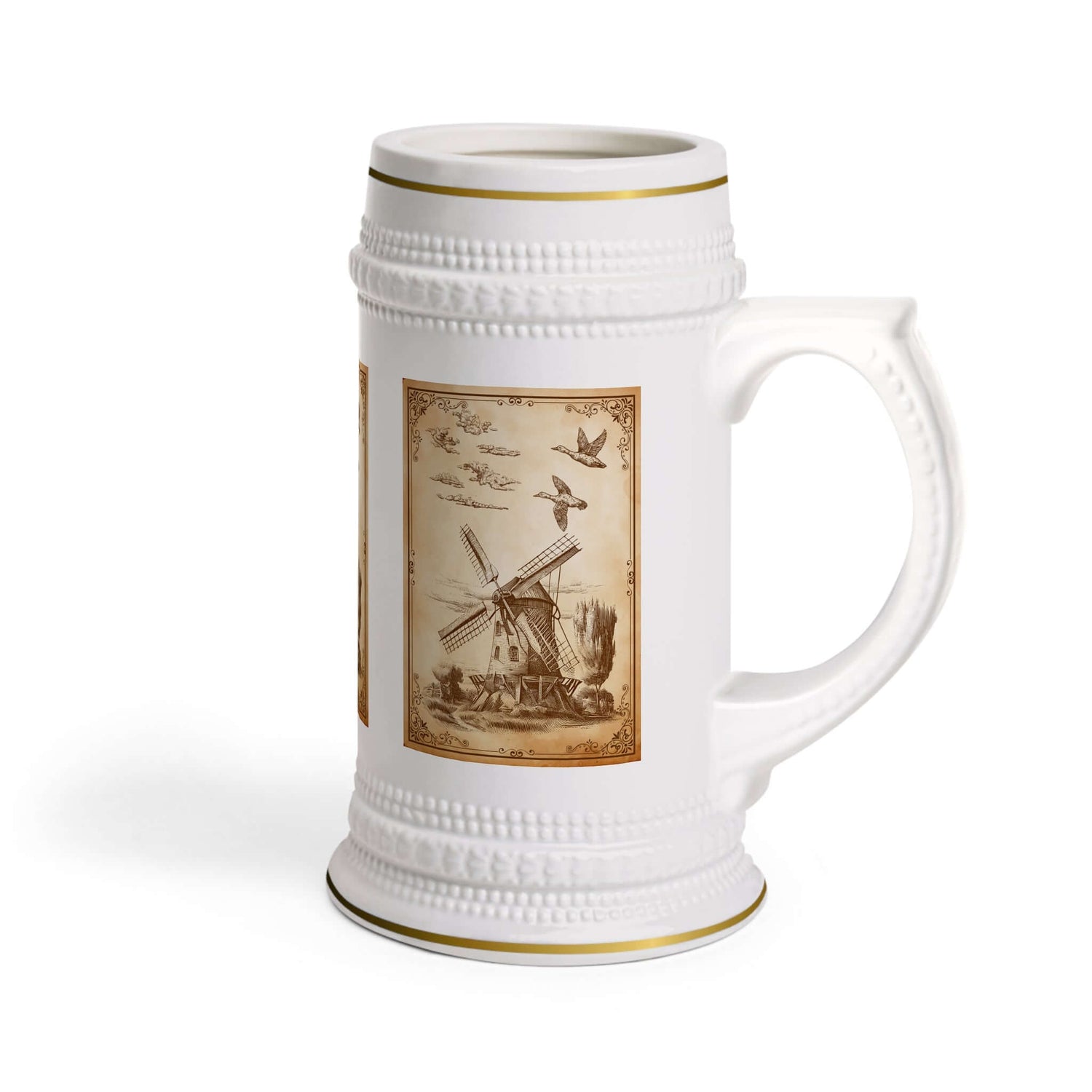 Bierkrug mit Windmühlenmotiv für Bierliebhaber Ein Bierkrug, der nicht nur zum Trinken einlädt, sondern auch eine Geschichte erzählt. Das Windmühlenmotiv verleiht ihm einen besonderen Charme und macht ihn zu einem dekorativen Highlight:  Design: Detailrei