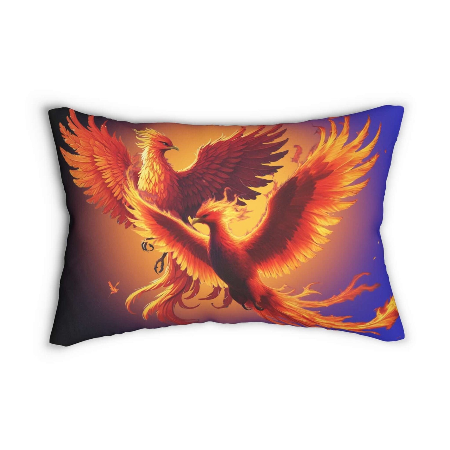 Lendenkissen mit Phönix Motiv zum Kuscheln in glühendem Gold und Rot auf nachtblauem Rand, ideal für mythische Wärme im Zuhause.