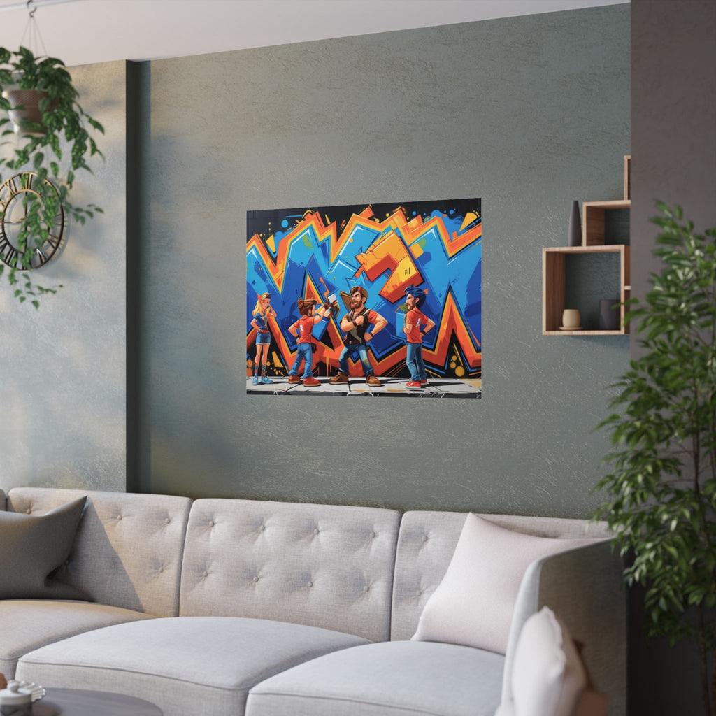 Lebendiger Satin-Wandkunstdruck, Poster im Graffiti-Stil für Gamer  hängt über  das Sofa