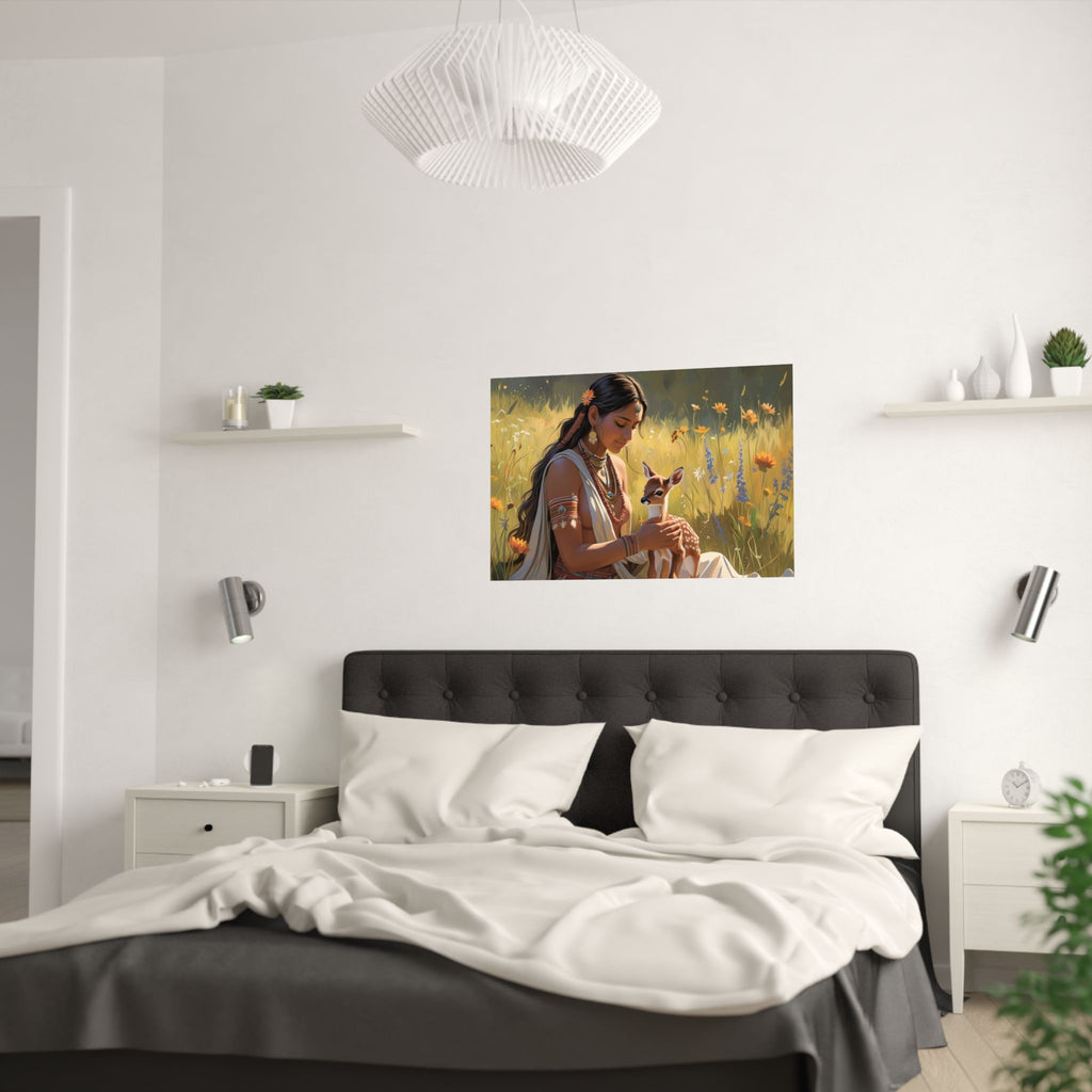 Elegante, von der Natur inspirierte Satin-Poster, Boho-Wandkunst hängt über das Bett