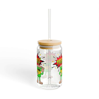 Details für Trinkglas mit Cartoon-Motiv, Bambusdeckel und Strohhalm 