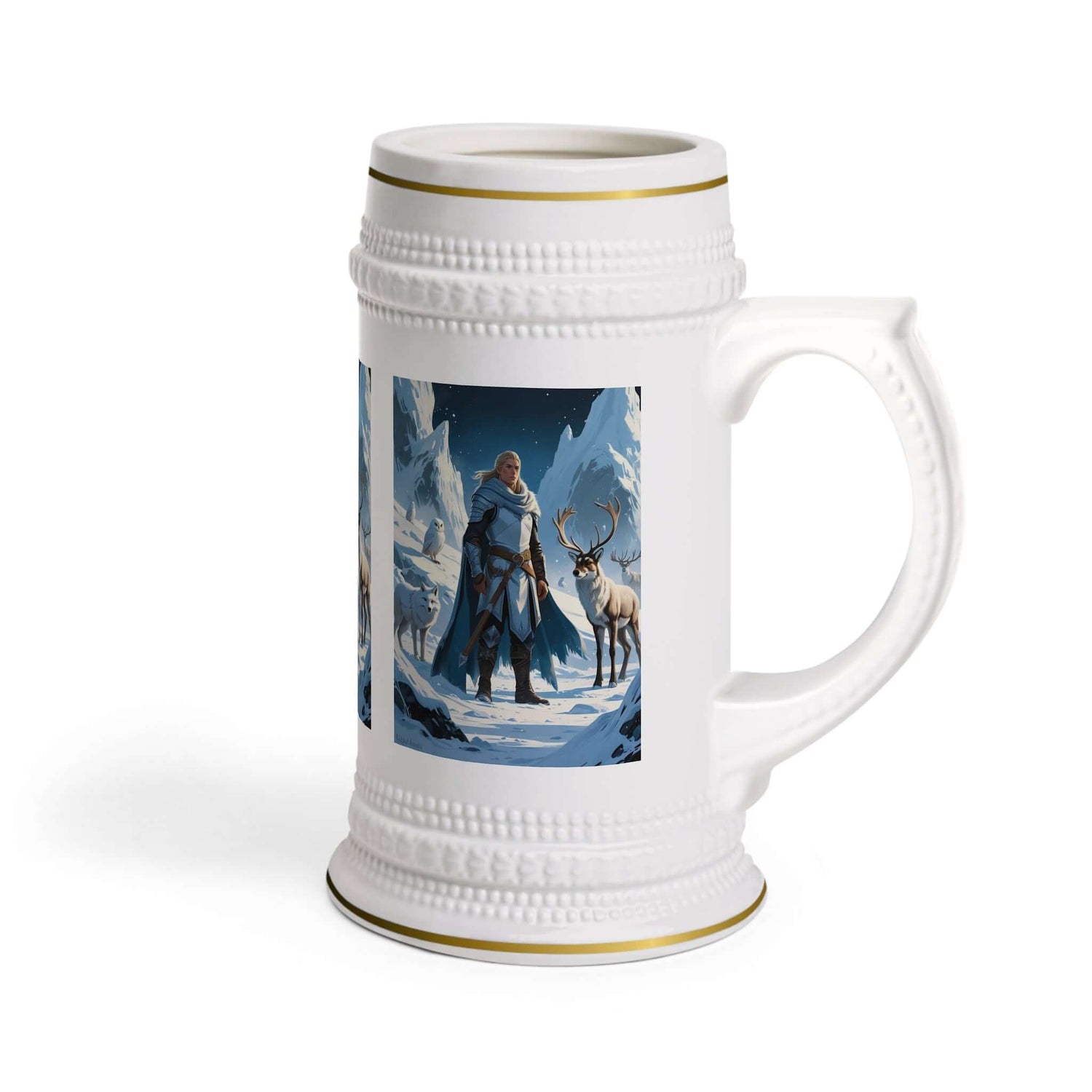 Bierkrug mit nordischem Krieger Ein Bierkrug, der nicht nur praktisch ist, sondern auch mit einem kraftvollen Motiv überzeugt. Das nordische Krieger-Design macht ihn zu einem besonderen Geschenk für Fans von Wikinger- und Fantasy-Themen.  Design: Nordisch