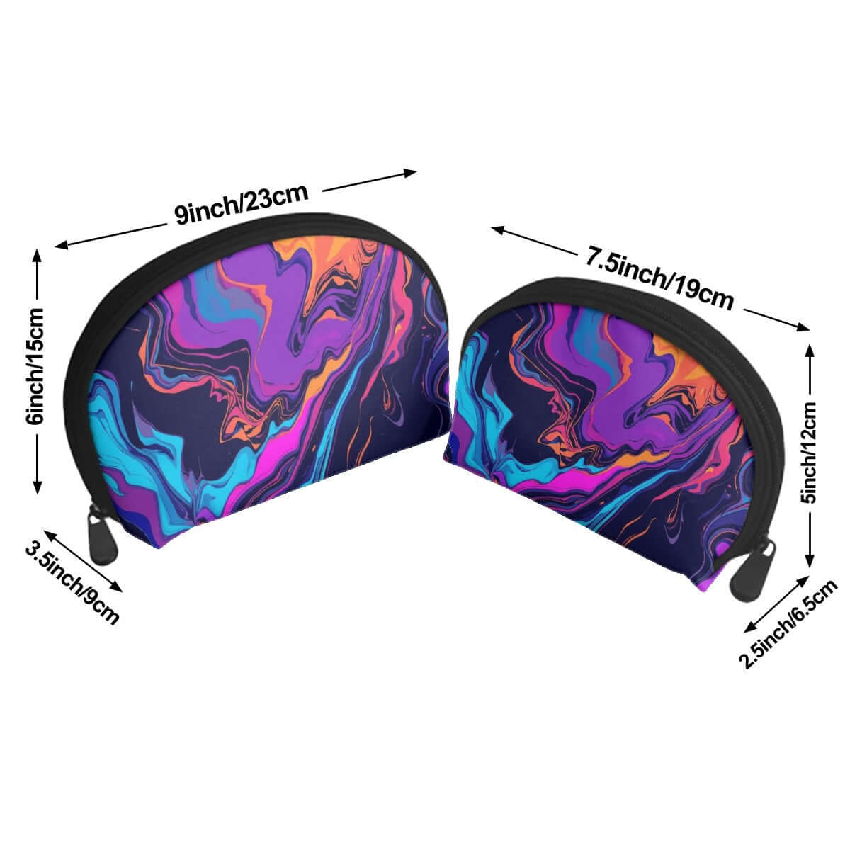 Buntes Aufbewahrungsbeutel-Set mit Sublimationsdruck auf Polyester, große und kleine Größe, Reißverschluss-Design.