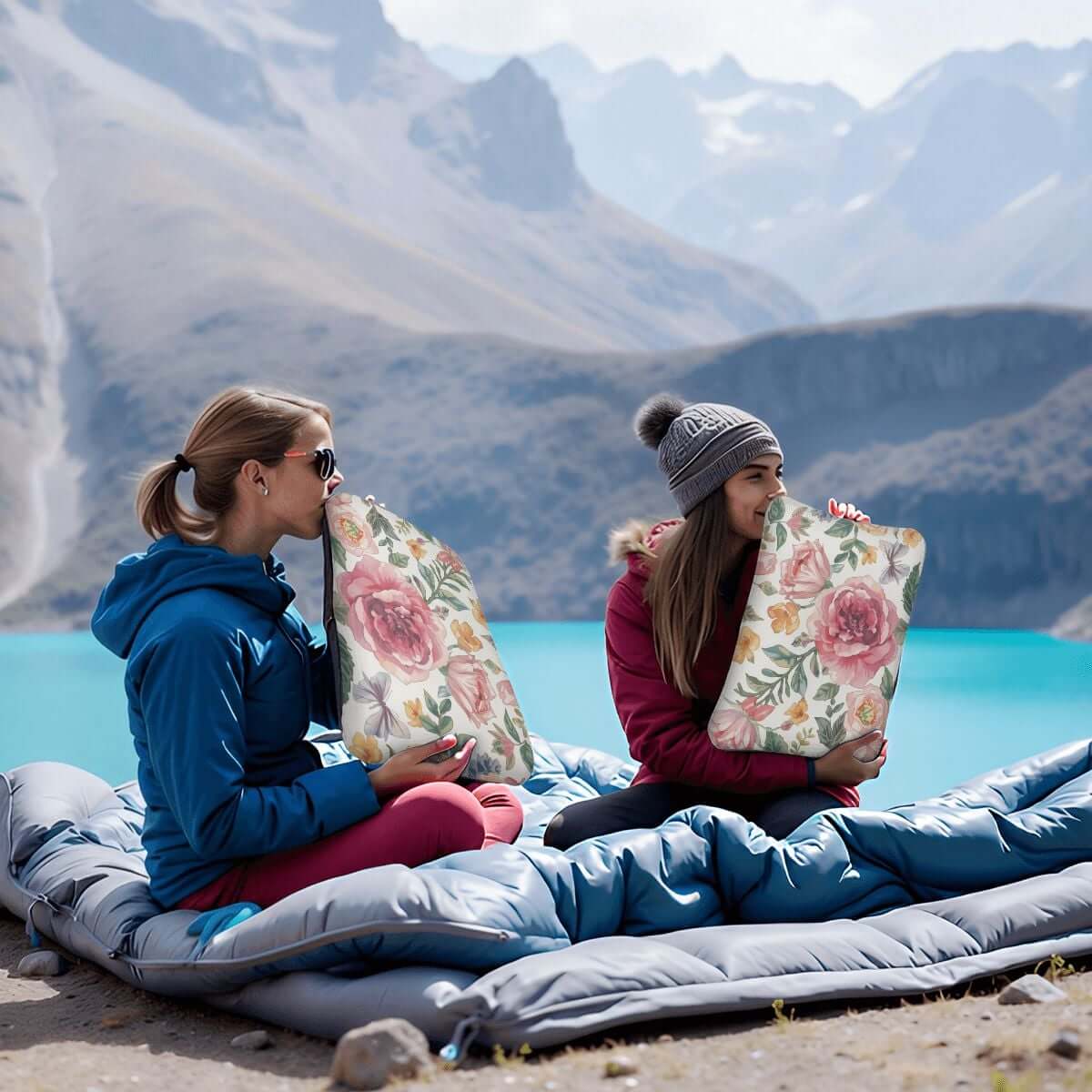 Zwei Frauen blasen ein aufblasbares Campingkissen mit floralem Design auf, das aus Polyester besteht, mit Blick auf einen Bergsee.