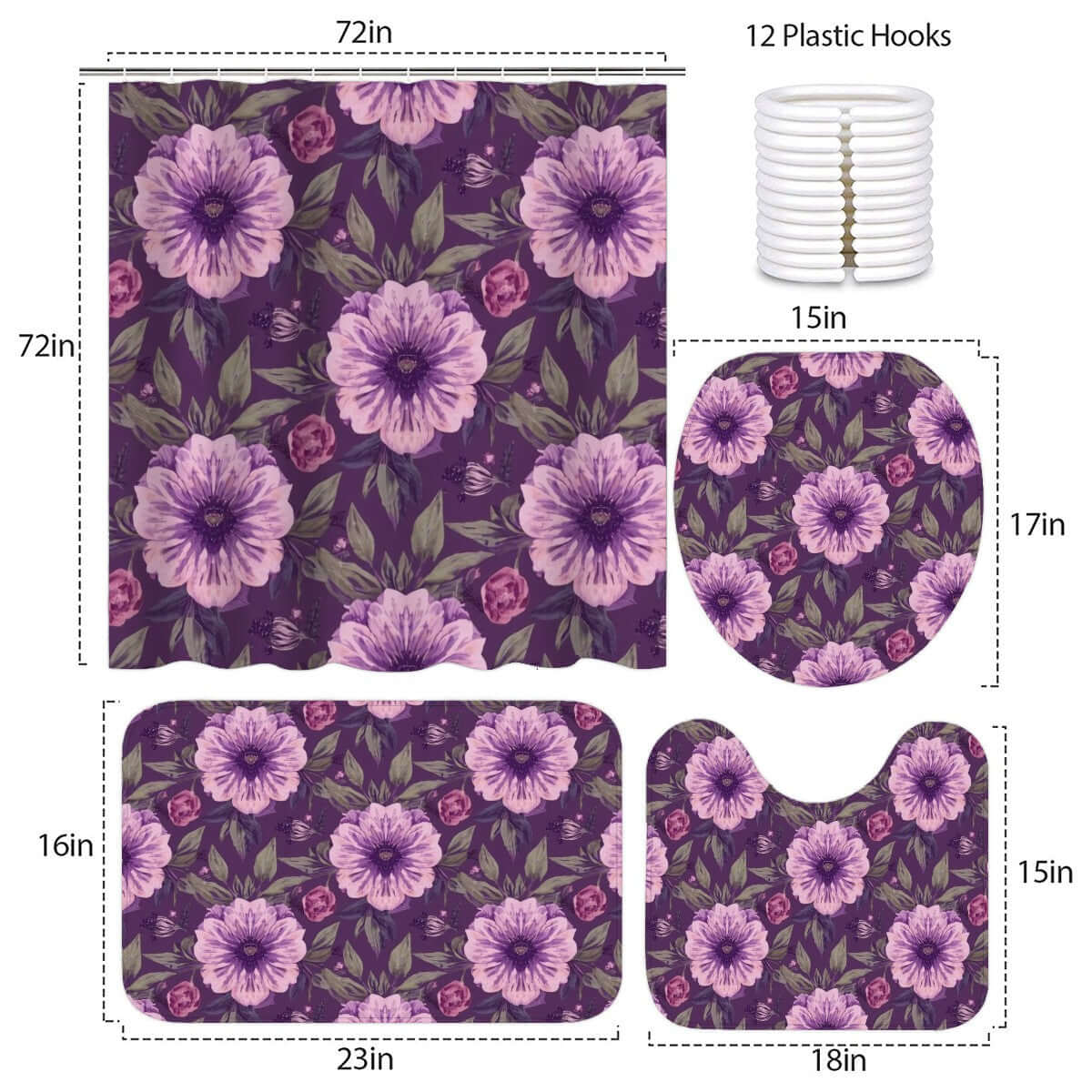 Video Badezimmerteppich-Set mit lila Blumenmuster, Duschvorhang und WC-Set, 4-teilig, Maße: 72x72, 29,9x18,1, 15x17,7, 17,7x13,8 Zoll