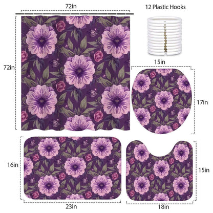 Video Badezimmerteppich-Set mit lila Blumenmuster, Duschvorhang und WC-Set, 4-teilig, Maße: 72x72, 29,9x18,1, 15x17,7, 17,7x13,8 Zoll