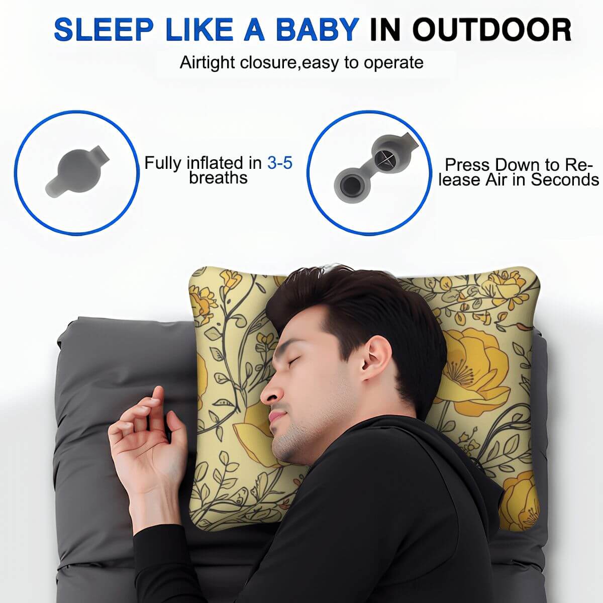 Schlafender Mann mit aufblasbarem Campingkissen, bequem &amp; tragbar | Aufblasbares Campingkissen aus Polyester | Größe: 15,8x12,6x4,3 Zoll