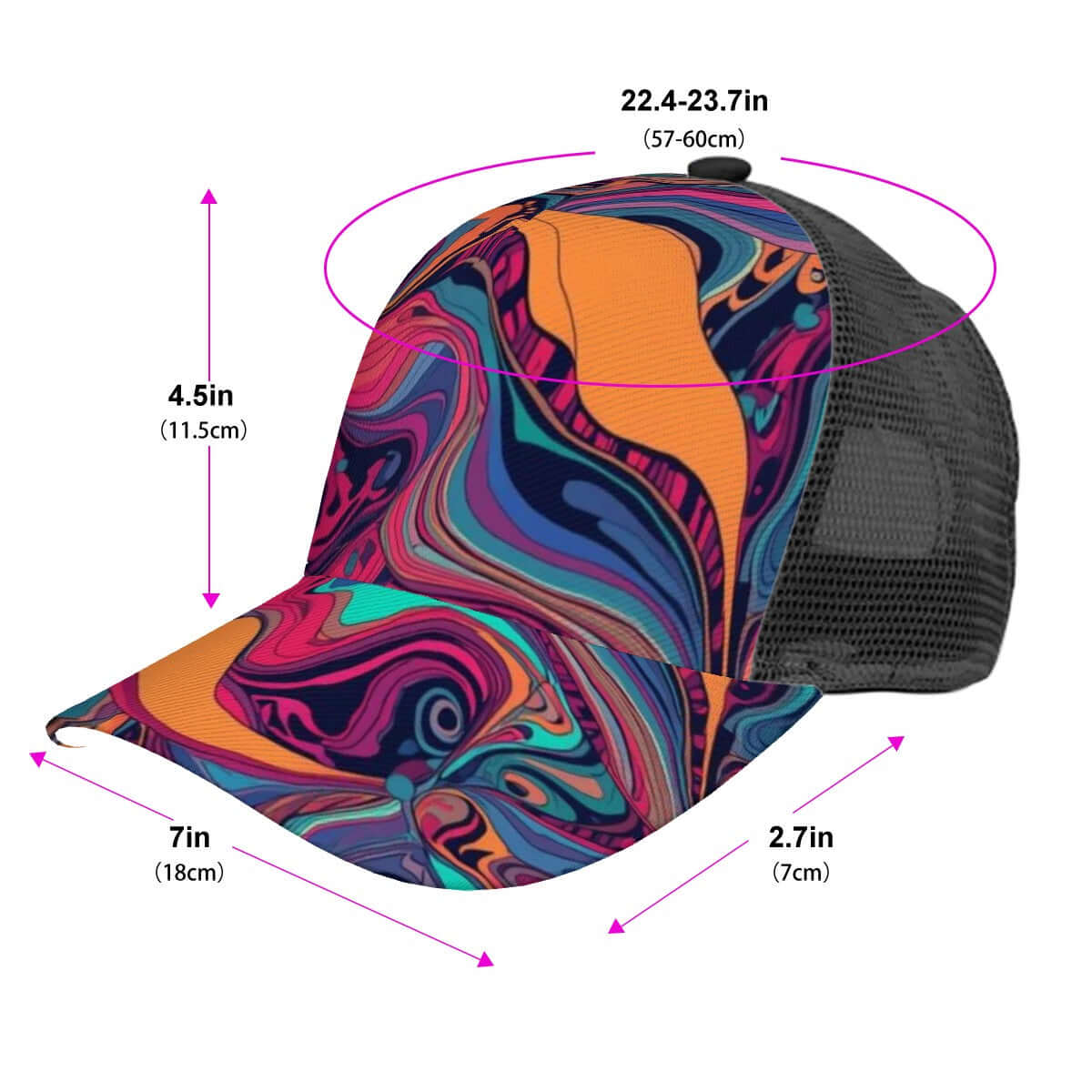 Baseballkappe mit Mesh-Einsatz in buntem Vollflächendruck, mit Größendiagramm angegeben, atmungsaktives Netzgewebe, Polyester-Twill