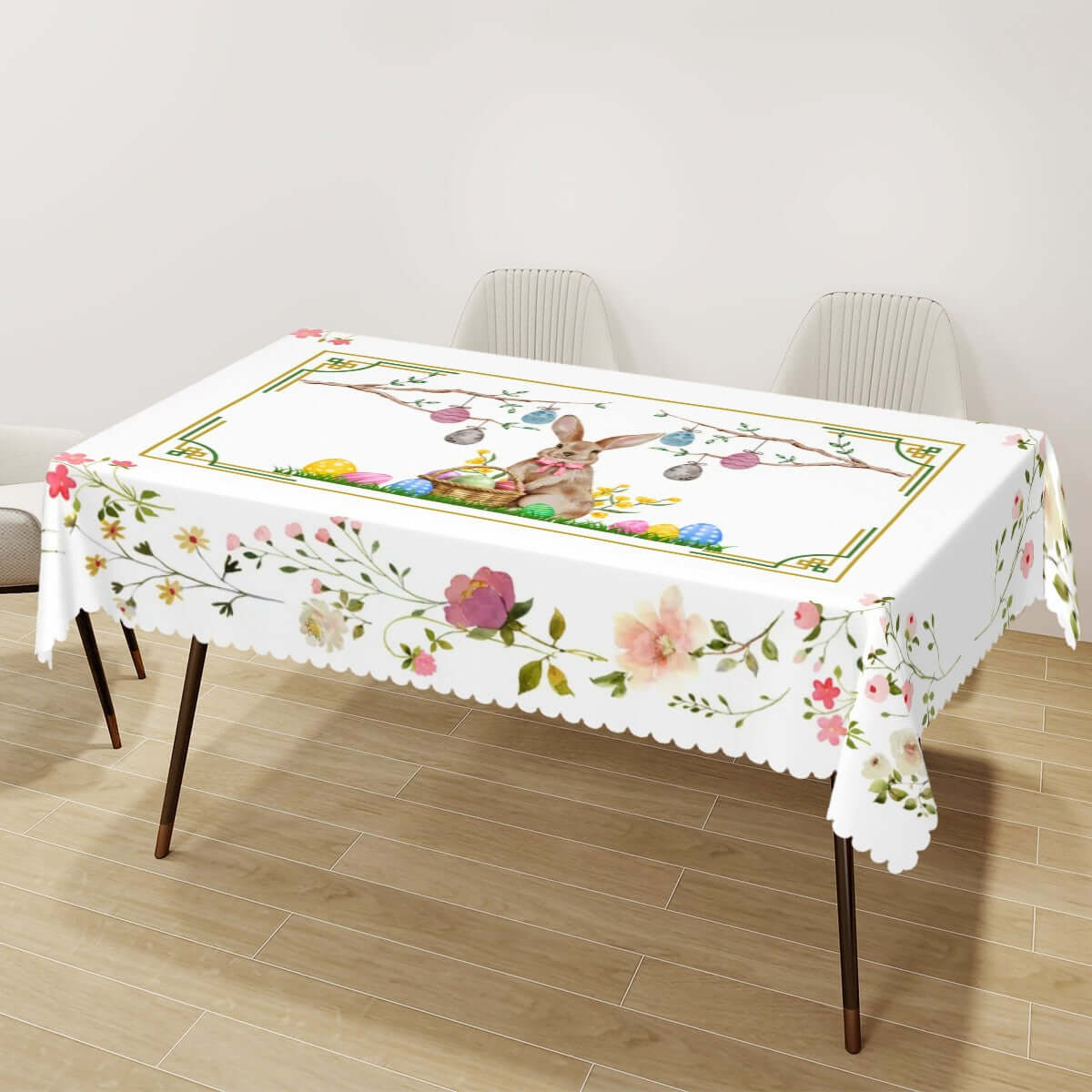 Rechteckige Tischdecke mit Wellenrand Ostermotiv aus Polyester, 72x54 Zoll, wasserdicht und wiederverwendbar, ideal zum Schutz des Tisches.