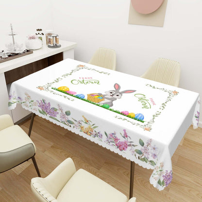 Rechteckige Tischdecke mit Wellenrand Ostermotiv auf Esstisch, 100 % Polyester, 72"x54", einseitig bedruckt, wasserdicht, dekorativ mit Osterdesign.