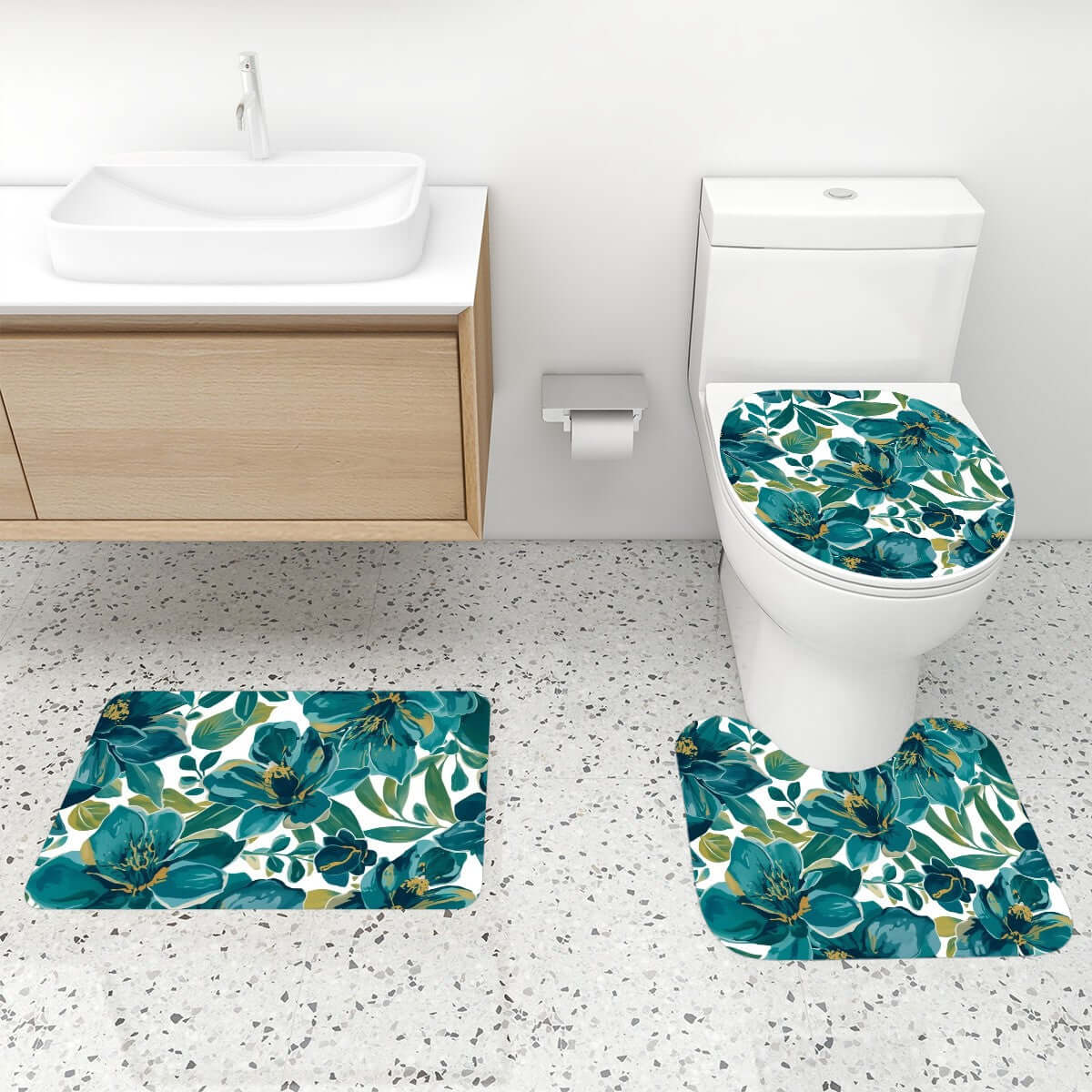 Badezimmerteppich-Set mit Duschvorhang, 4-teilig in floralem Design auf Badezimmerboden und Toilettensitz abgebildet.