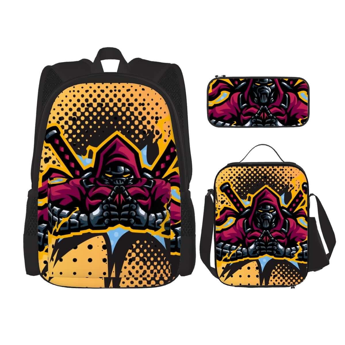 3er-Set Taschen (Oxford-Rucksack, Lunchtasche &amp; Federmäppchen) mit Ninja-Design, robustem Oxford-Stoff und Sublimationsdruck.