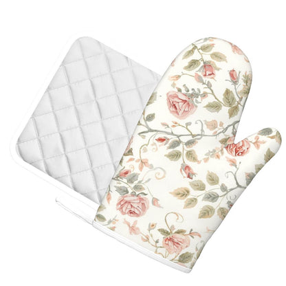 Silikon-Ofenhandschuhe und Topflappen-Sets (links) mit floralem Design, aus Polyester und Silikon, ideal für Badezimmer-Accessoires-Set.