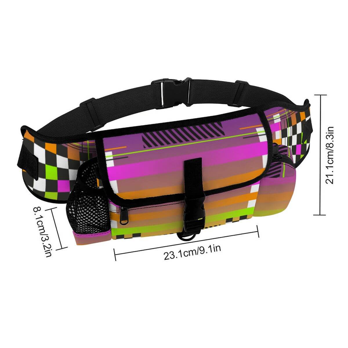 Hüfttasche für das Outdoor-Training von Haustieren mit buntem Design und Maßangaben.