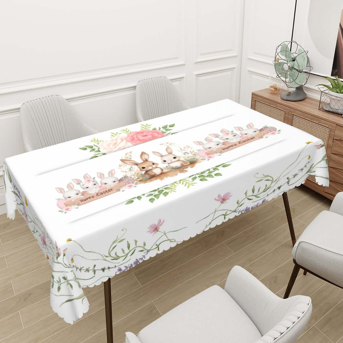 Rechteckige Tischdecke mit Wellenrand Ostermotiv auf Tisch, aus 100 % Polyester, 72"x54", einseitiger Druck, sublimiert, wasserdicht, dekorativ.