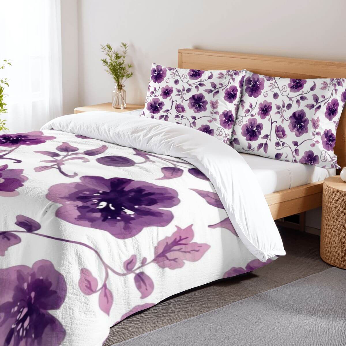 Video komplettes Bettwäscheset in lila Blumendesign auf einem Bett mit Holzrahmen, inklusive Kissen- und Bettbezug aus 90GSM Polyester.