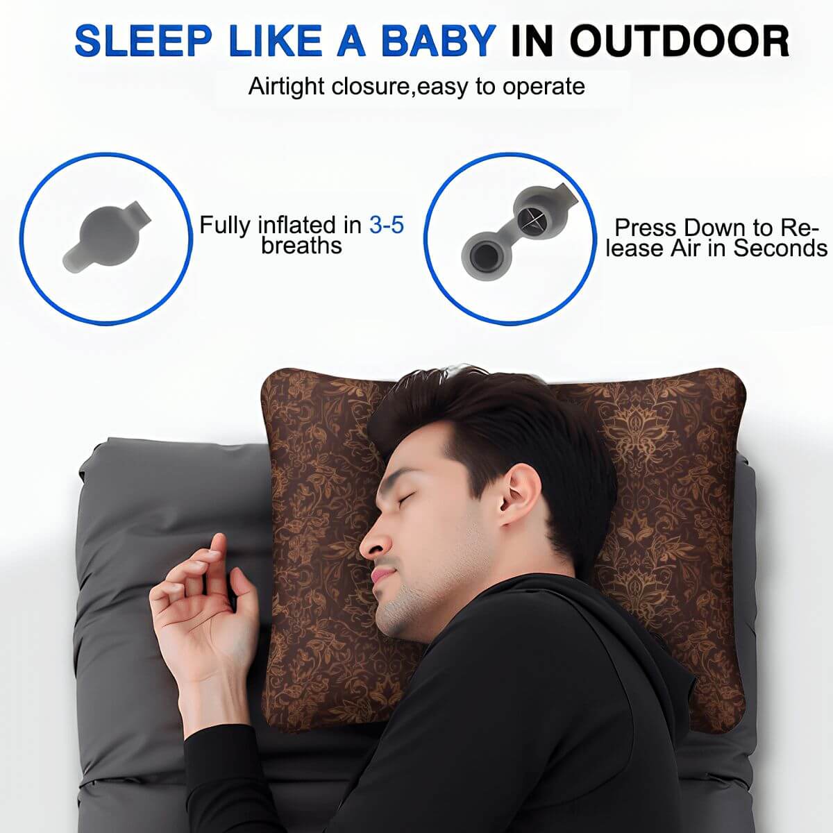 Person schläft auf aufblasbarem Campingkissen im Freien, leicht aufblasbar, bequem und hautfreundlich. Aufblasbares Campingkissen.